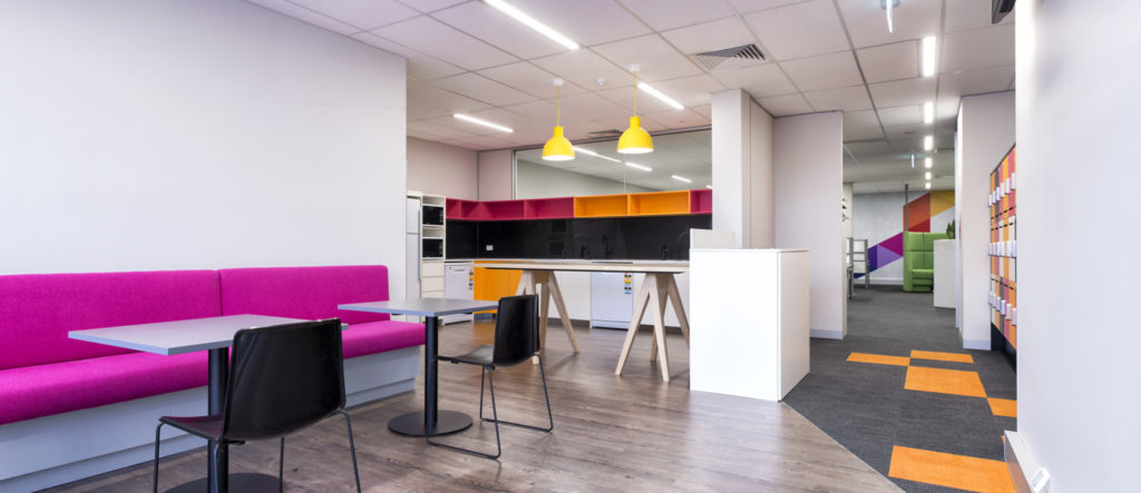 Colorful breakout area, agile office design