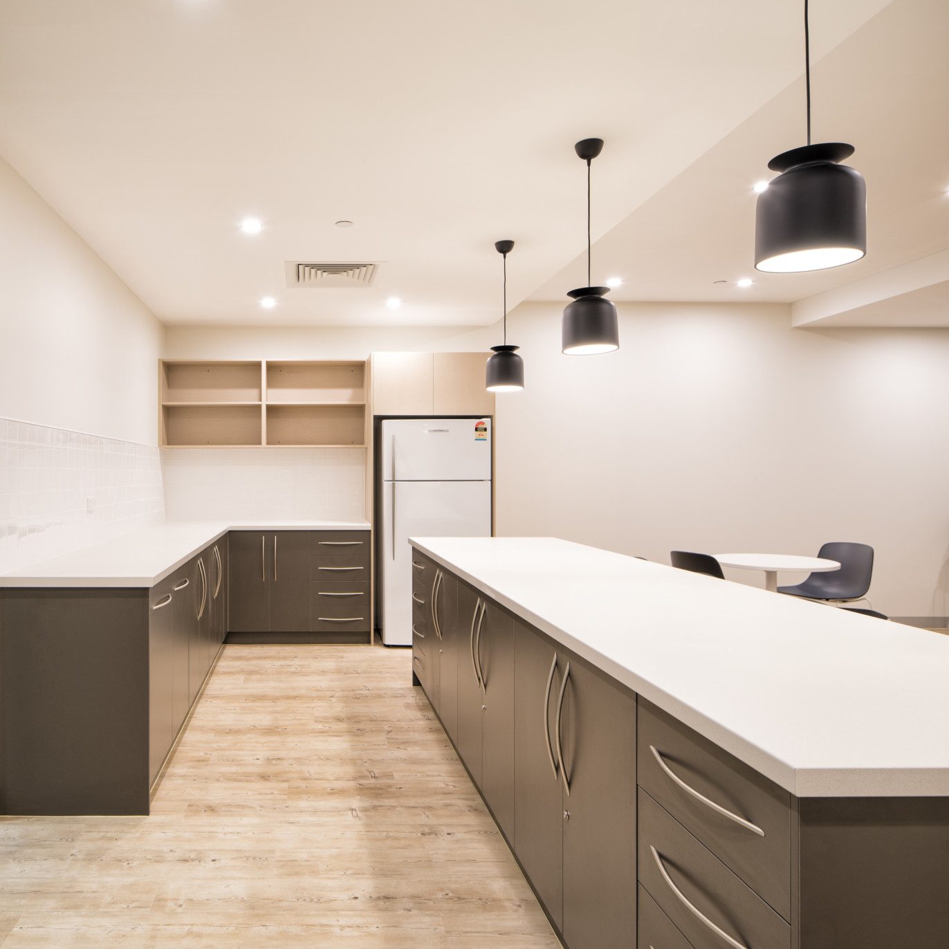 Kitchen, timber flooring for office, breakout cafe