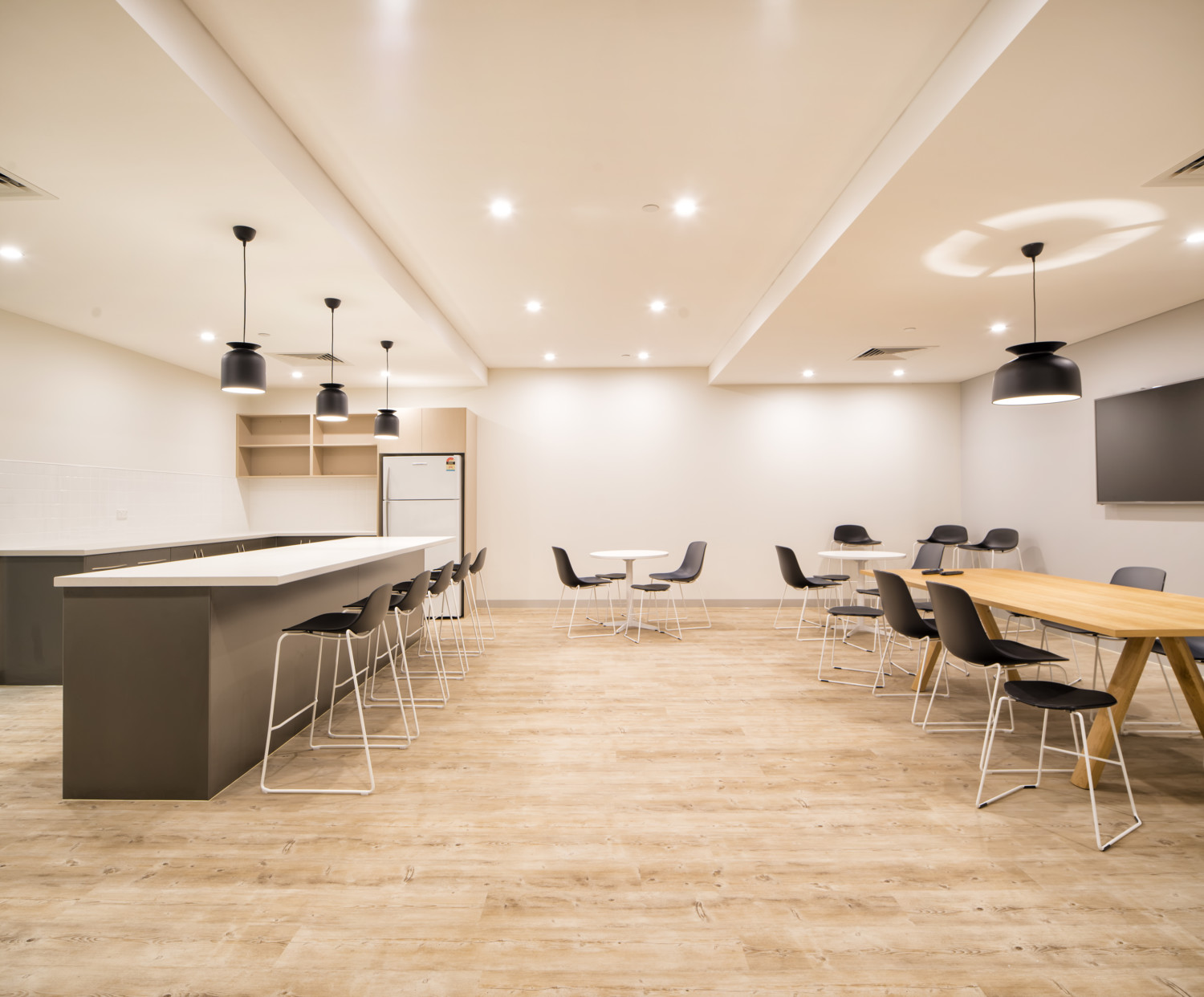 Kitchen, timber flooring for office, breakout cafe