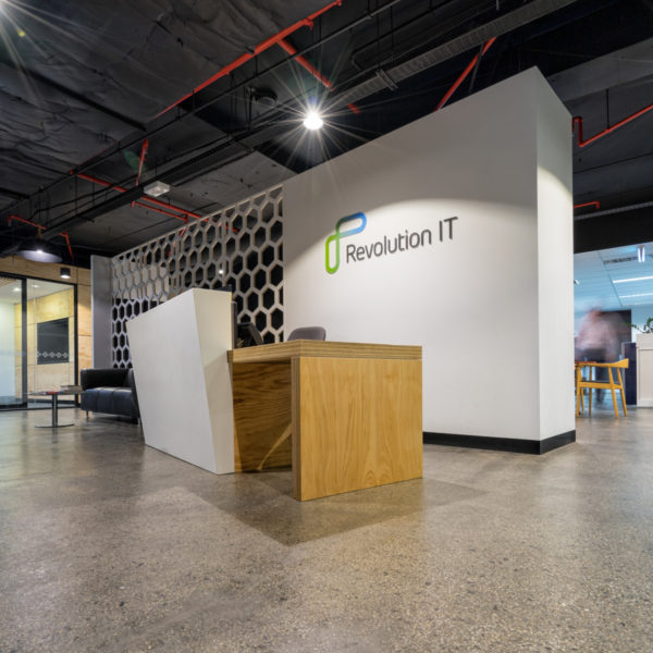 reception desk, exposed concrete